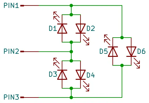a diagram of 6 LEDs connected to 3 I/O ports in a charlieplexed configuration
